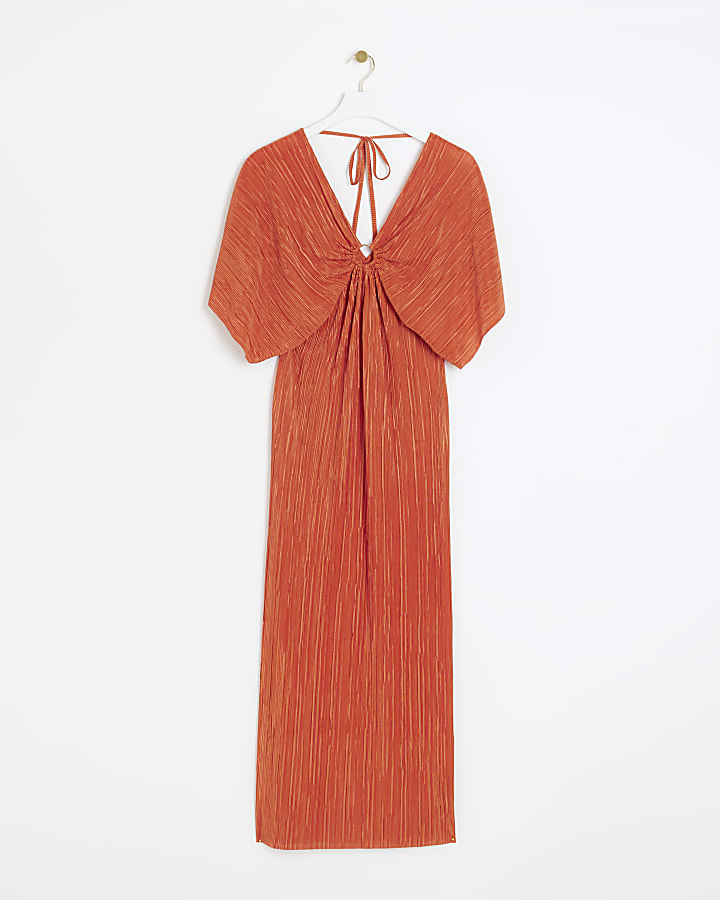 Orange plisse batwing sleeve swing maxi dress