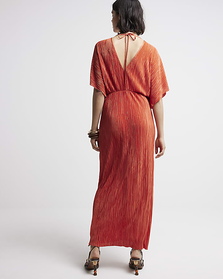 Orange plisse batwing sleeve swing maxi dress