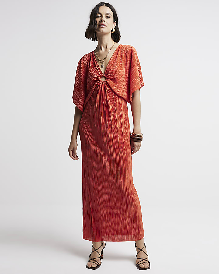 Orange plisse batwing sleeve swing maxi dress