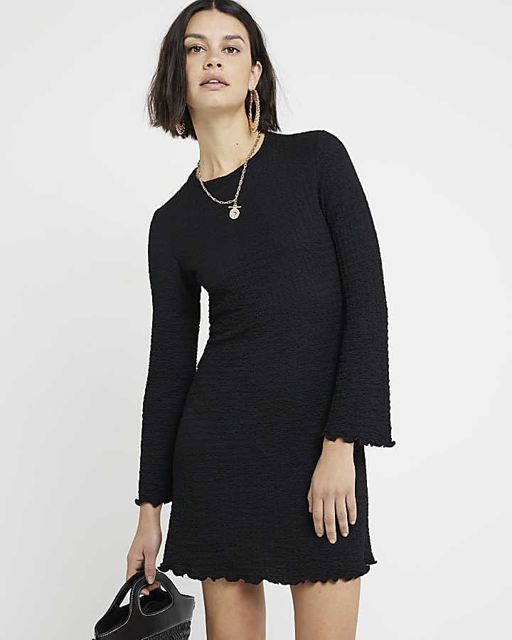 Black textured shift mini dress