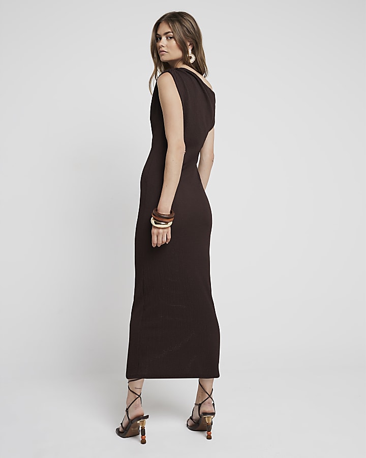 Brown Drape Off Shoulder Bodycon Midi Dress