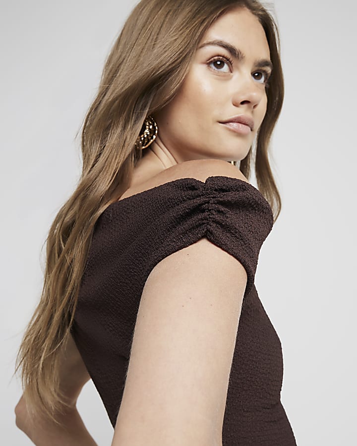 Brown Drape Off Shoulder Bodycon Midi Dress