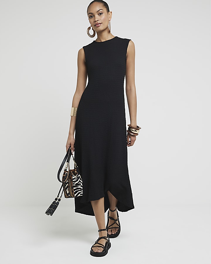 Black textured asymmetric shift maxi dress