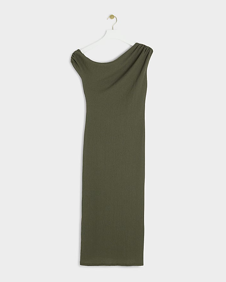 Khaki Drape Off Shoulder Bodycon Midi Dress