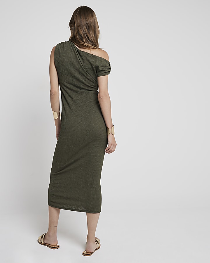 Khaki Drape Off Shoulder Bodycon Midi Dress