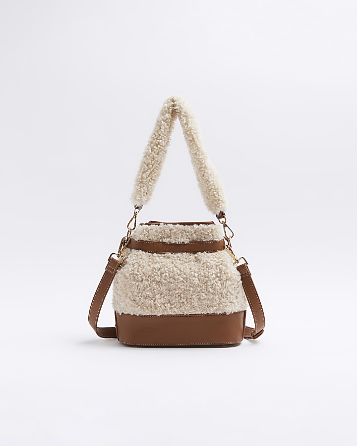 Beige borg bucket bag