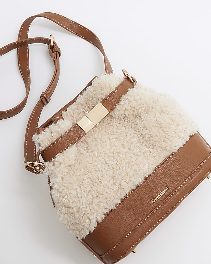 Beige borg bucket bag