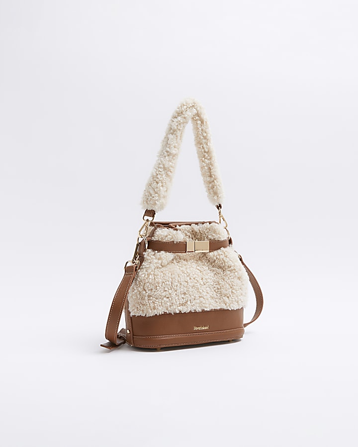 Beige borg bucket bag