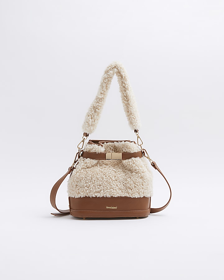 Beige borg bucket bag