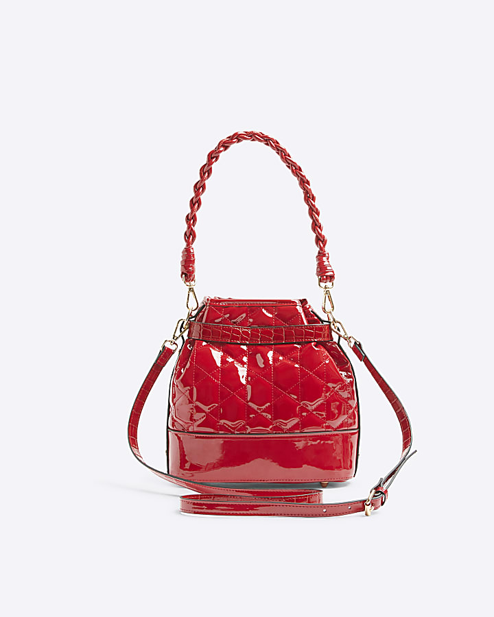 Red patent quilted bucket bag