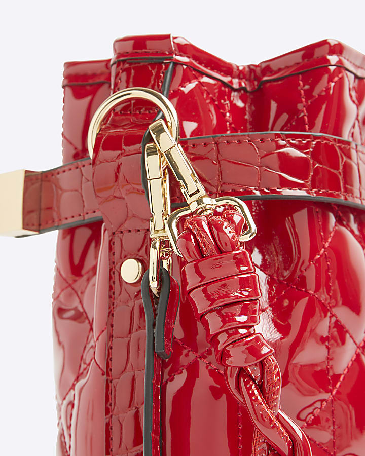 Red patent quilted bucket bag