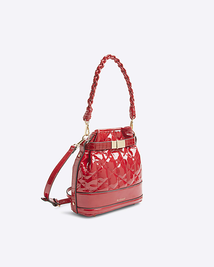 Red patent quilted bucket bag