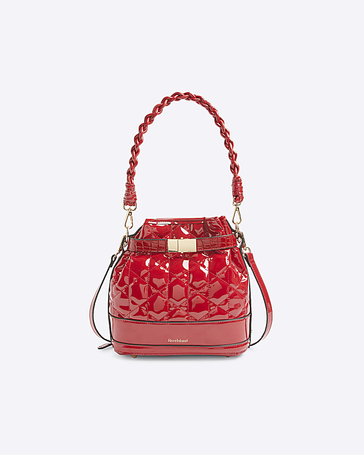 Red patent quilted bucket bag