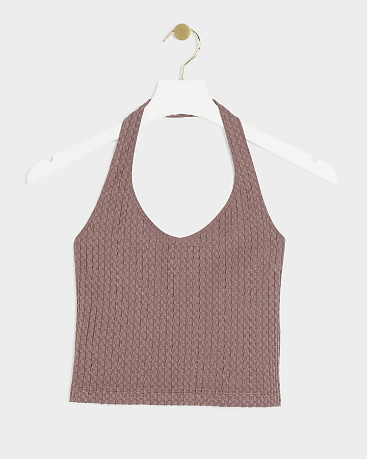 Brown textured halter neck top