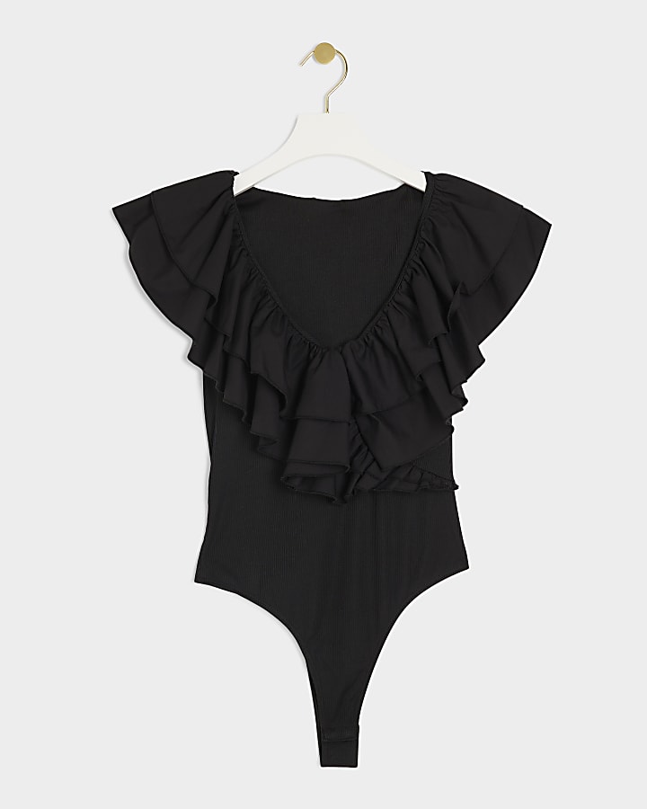 Black frill detail v neck bodysuit