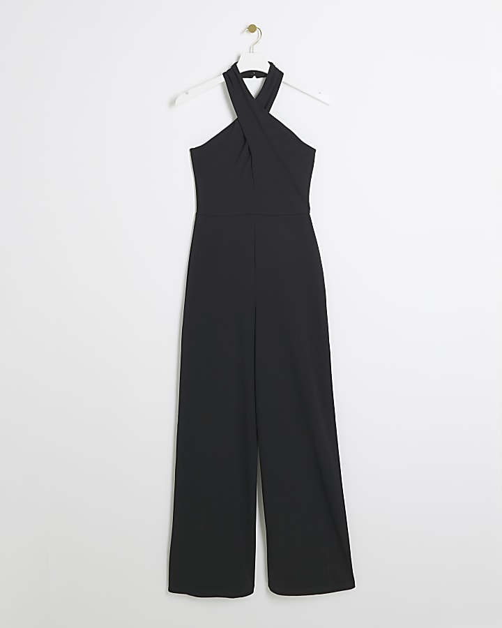 Black Crossed Halter Neck Jumpsuit