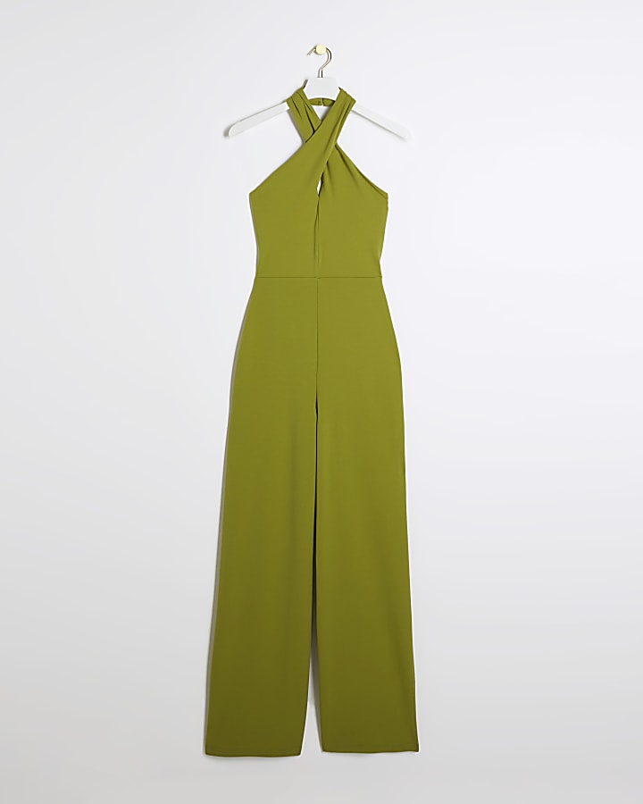 Green Crossed Halter Neck Jumpsuit