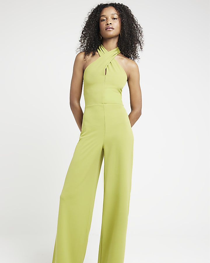 Green Crossed Halter Neck Jumpsuit