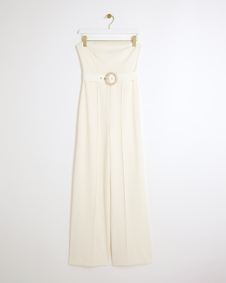 Cream Belted Bandeau Jumpsuit