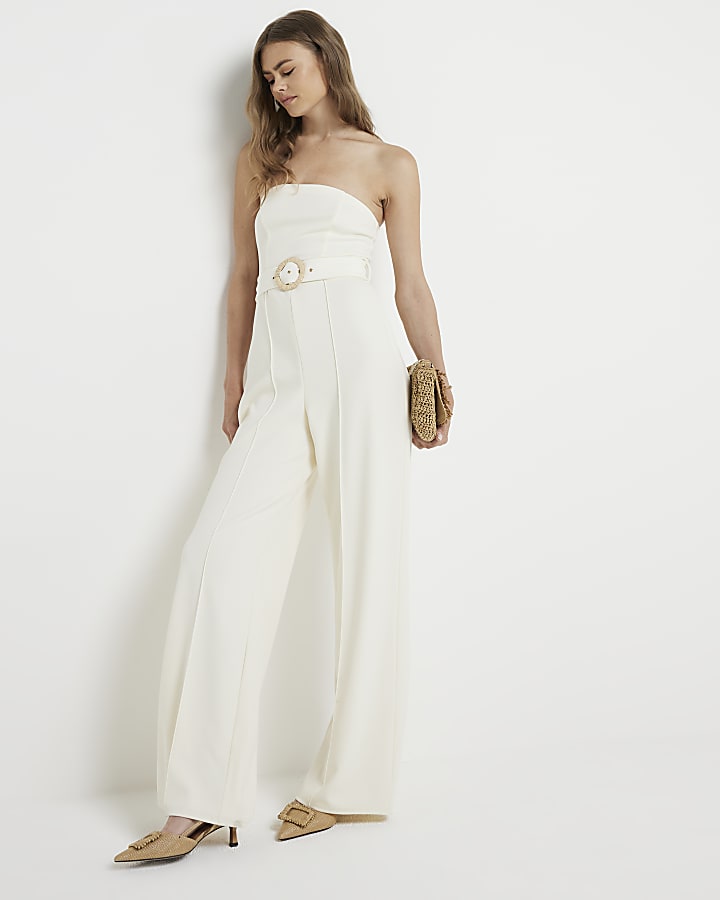 Cream Belted Bandeau Jumpsuit