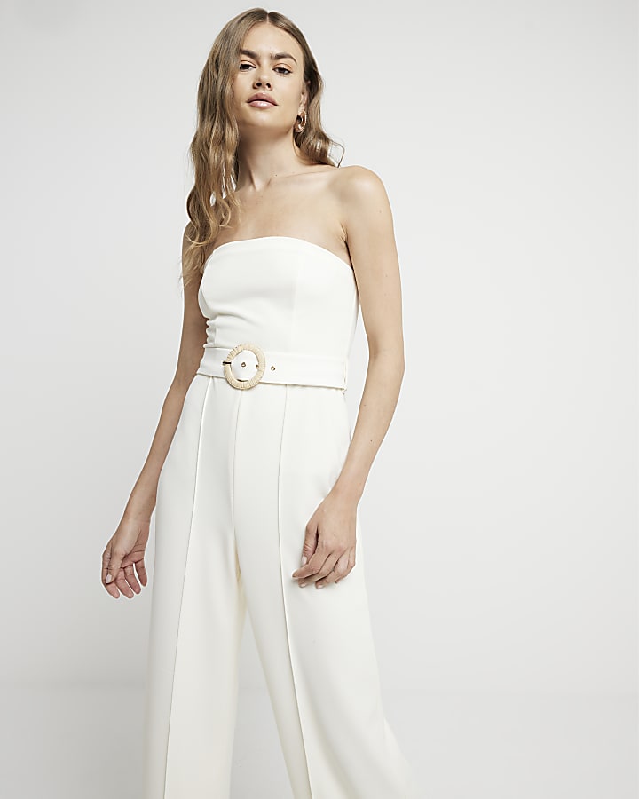 Cream Belted Bandeau Jumpsuit