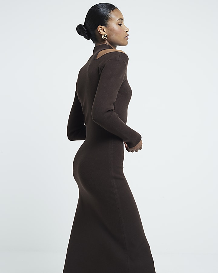 Brown long sleeve cut out midi dress