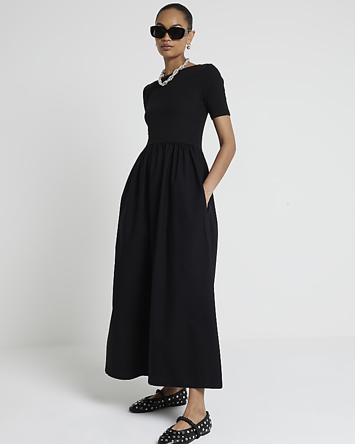 Black scoop back shift midi dress