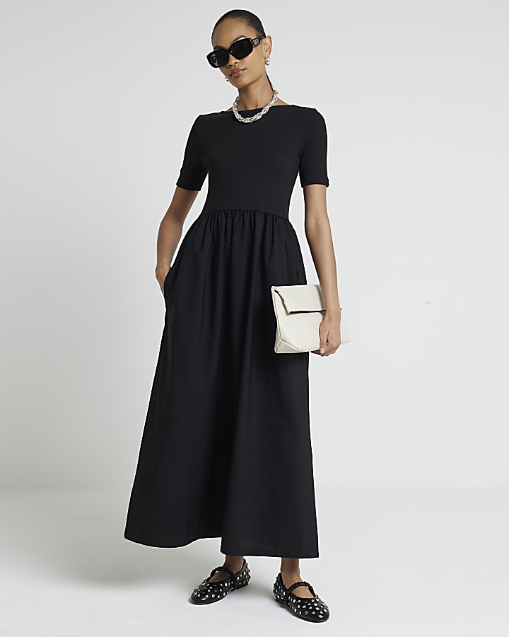 Black scoop back shift midi dress