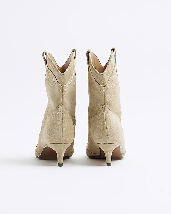 Beige Suede Kitten Heeled Western Boots