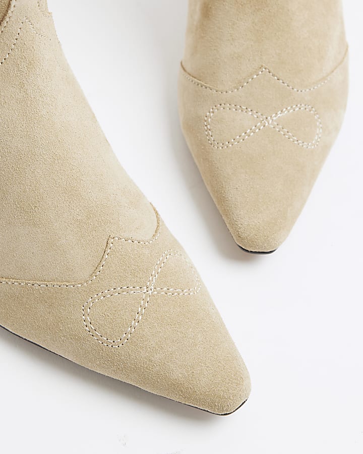 Beige Suede Kitten Heeled Western Boots
