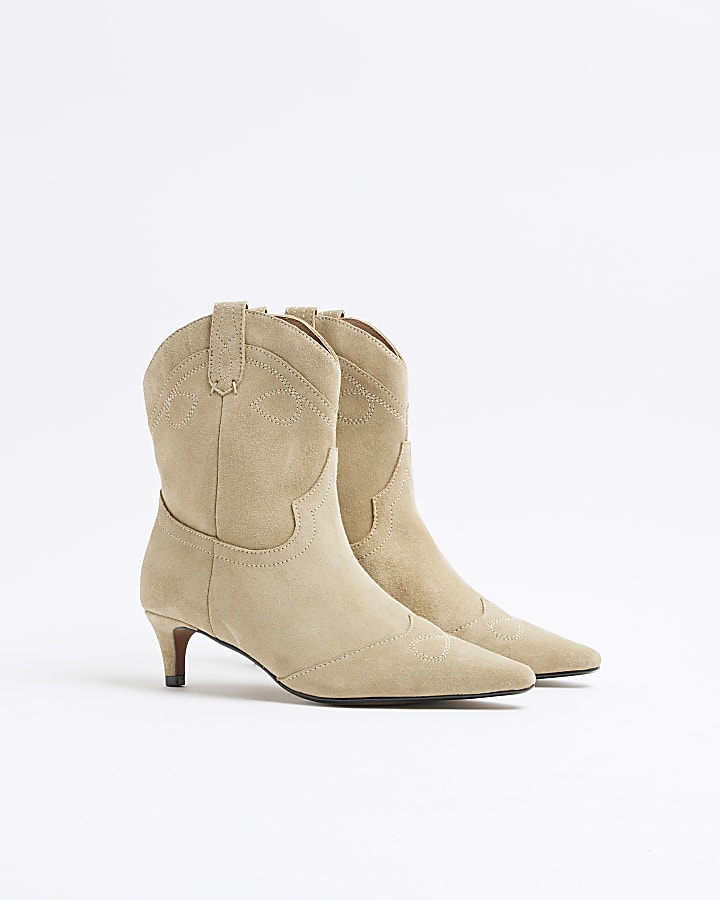 Beige Suede Kitten Heeled Western Boots