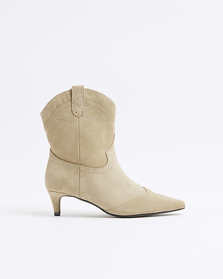 Beige Suede Kitten Heeled Western Boots