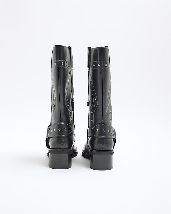 Black Leather Studded High Leg Biker Boots