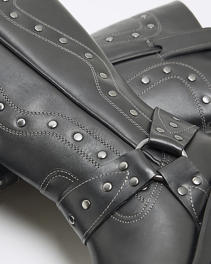 Black Leather Studded High Leg Biker Boots