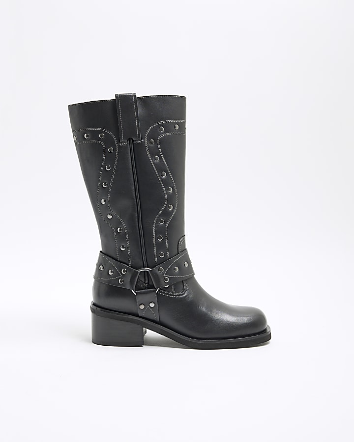 Black Leather Studded High Leg Biker Boots