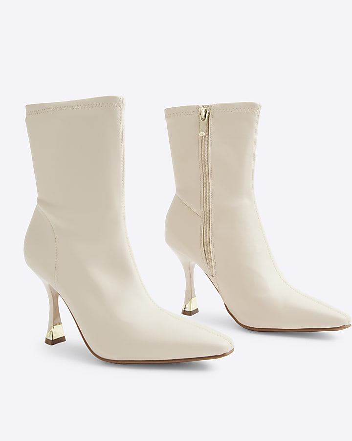 Cream Wide Fit Heeled Sock Boots