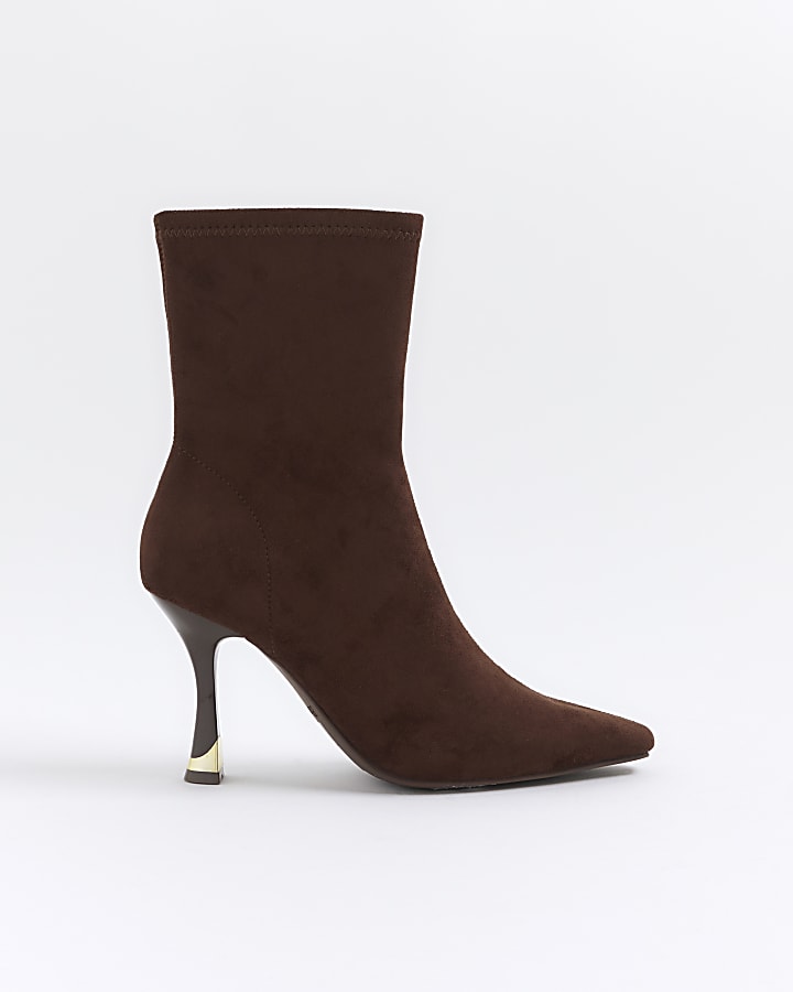 Brown Wide Fit Faux Suede Heeled Sock Boots