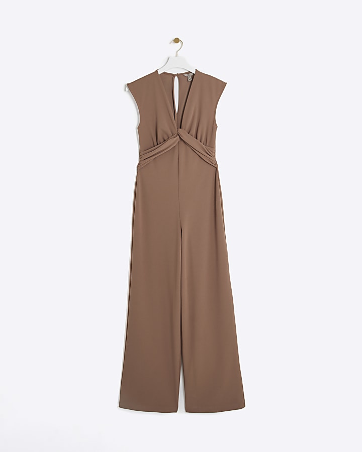 Brown twist plunge jumpsuit