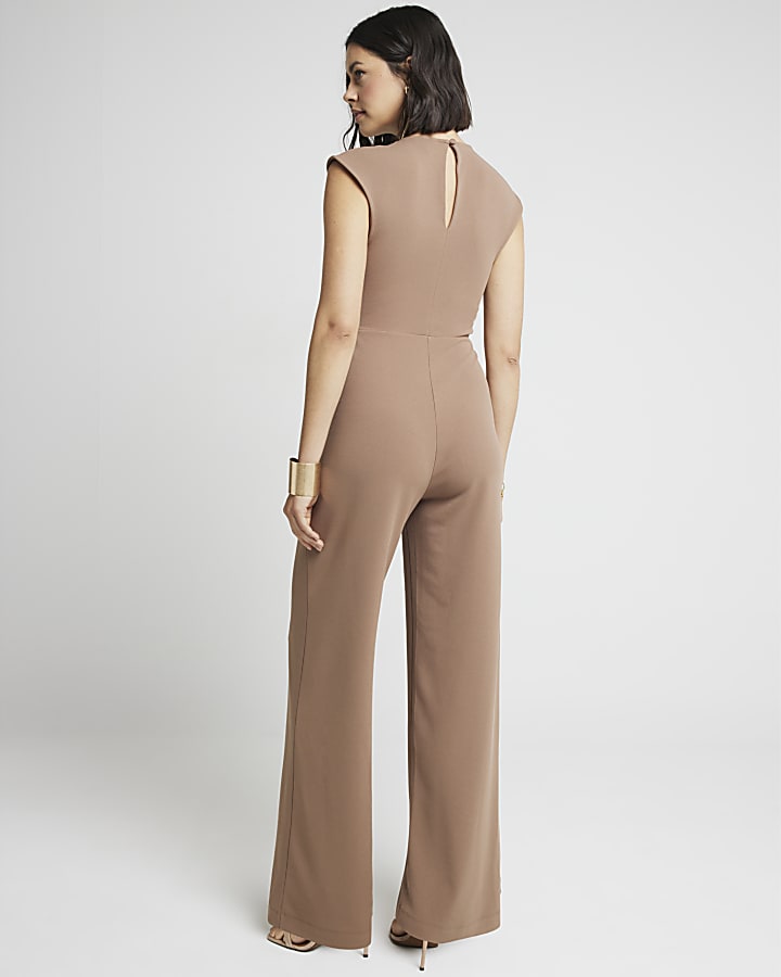 Brown twist plunge jumpsuit