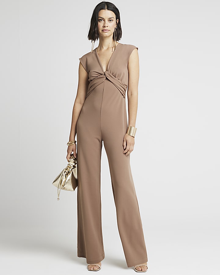 Brown twist plunge jumpsuit