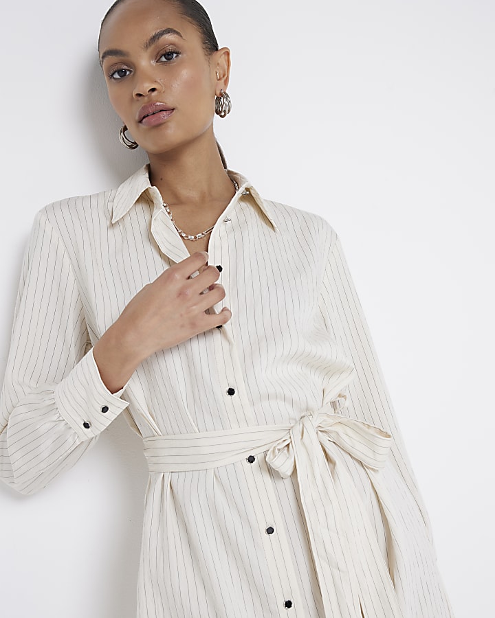 Cream stripe belted midi shirt dress