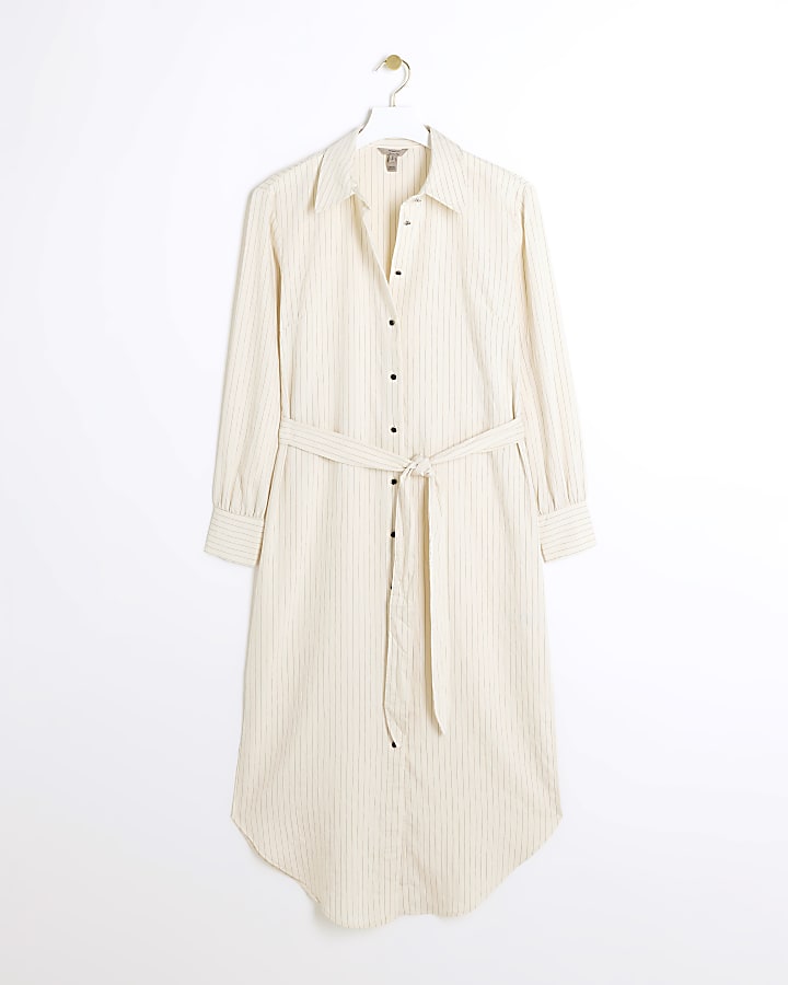 Cream stripe belted midi shirt dress