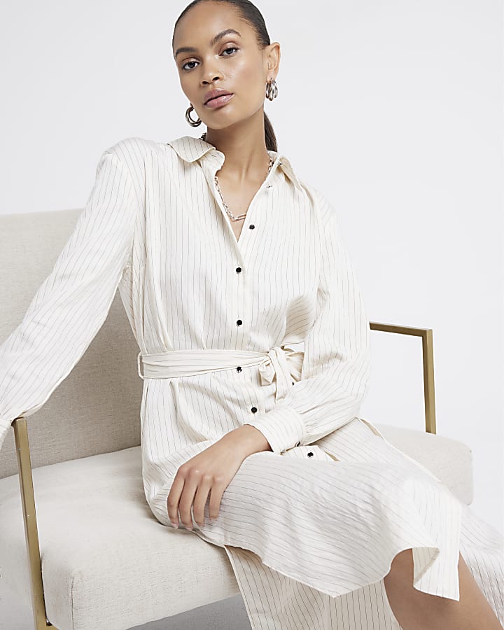 Cream stripe belted midi shirt dress