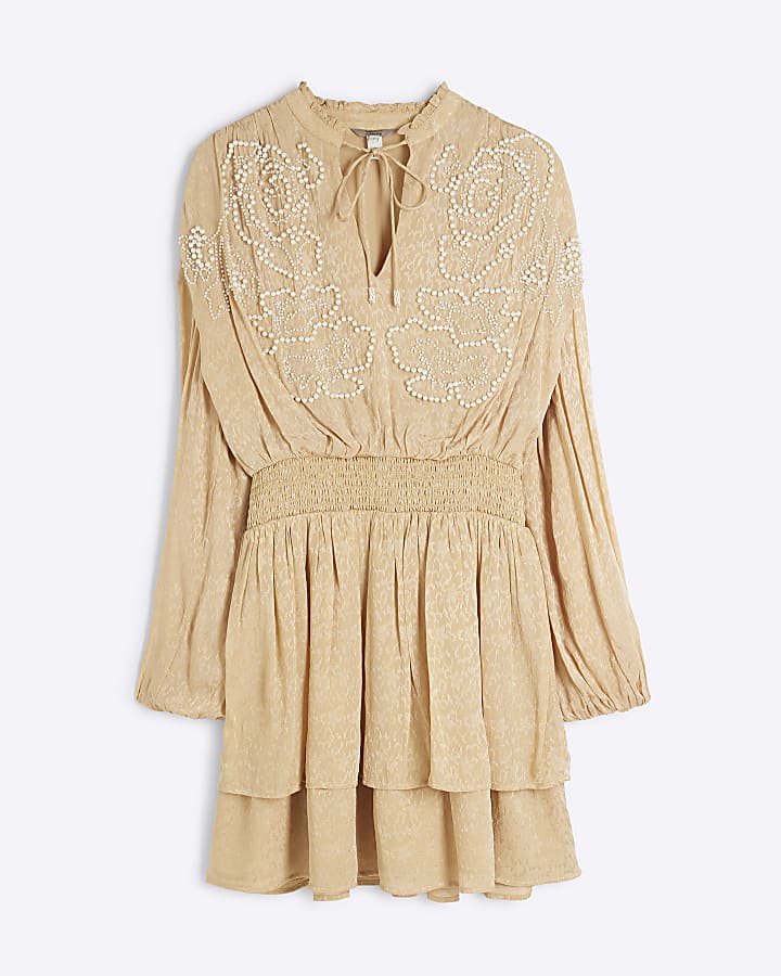 Beige Floral Pearl Embellished Mini Dress