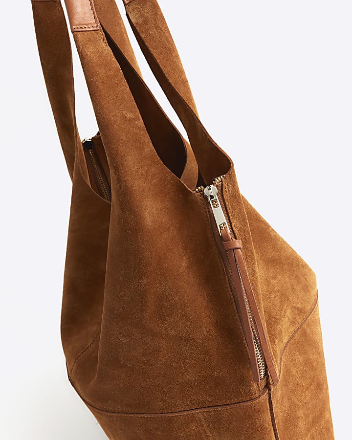Brown panel suede slouch tote bag