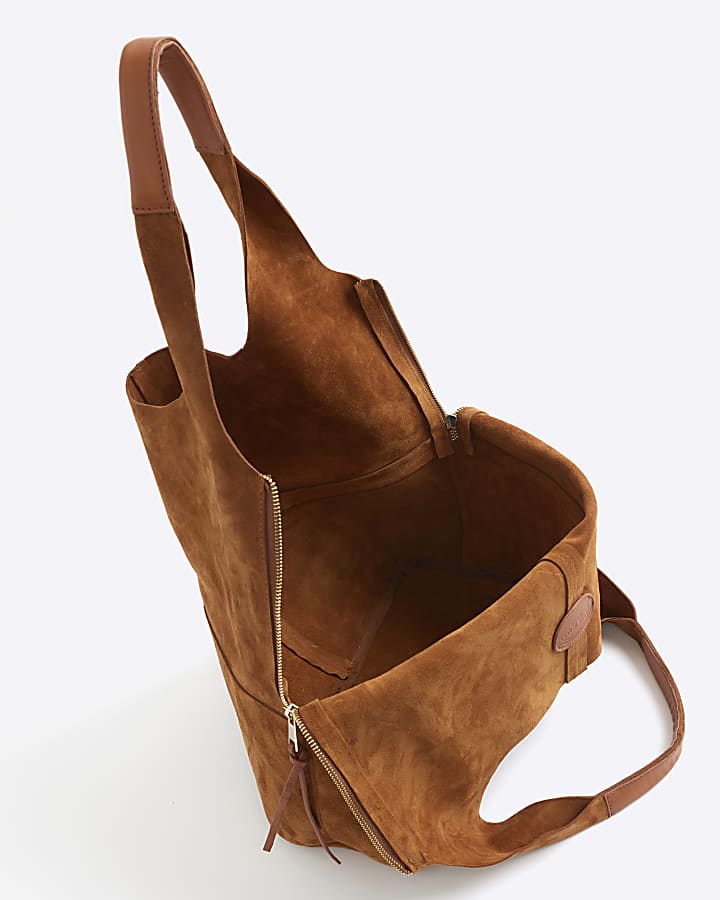 Brown panel suede slouch tote bag