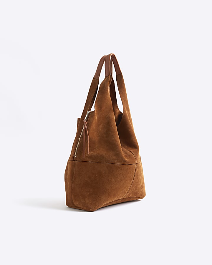 Brown panel suede slouch tote bag