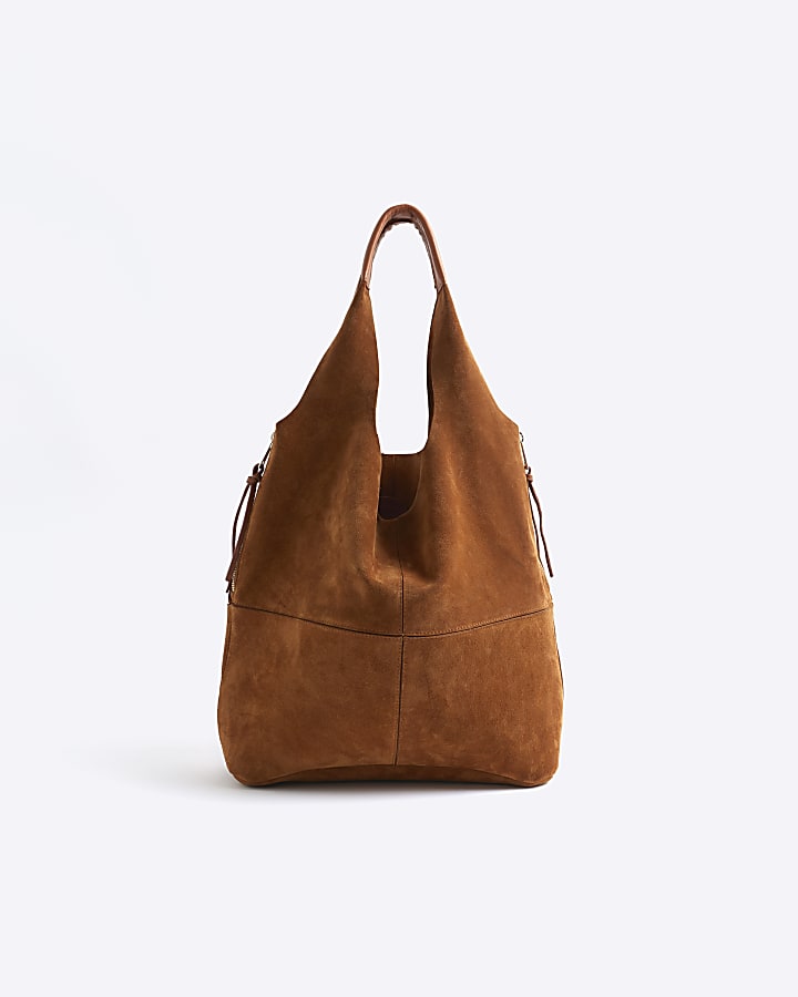 Brown panel suede slouch tote bag