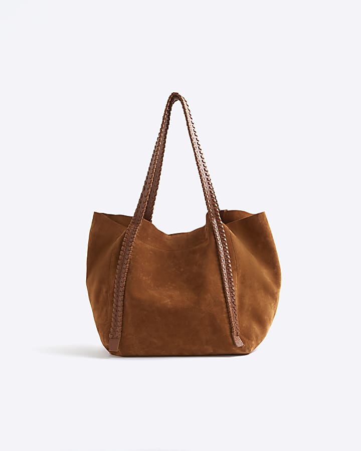 Brown whipstitch suede shopper bag