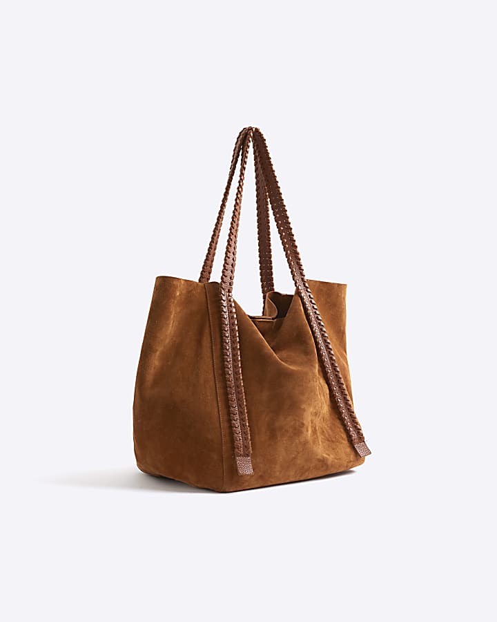 Brown whipstitch suede shopper bag